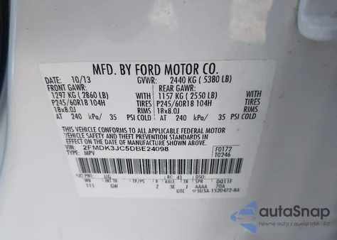 2013 Ford Edge Sel from USA, damaged, VIN 2FMDK3JC5DBE24098